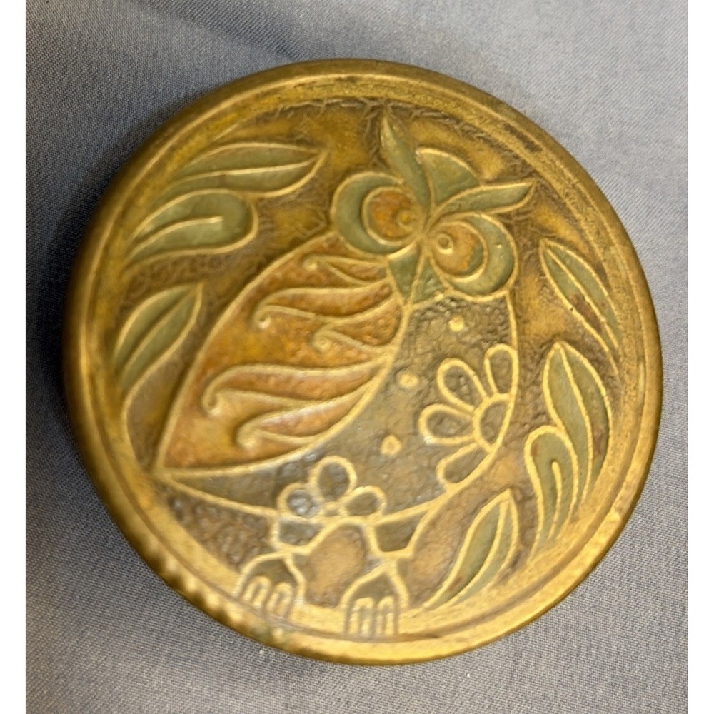 VTG MCM Indian Brass Trinket Box Hand Etched Owl & Foliage Motif Md IndiaSticker